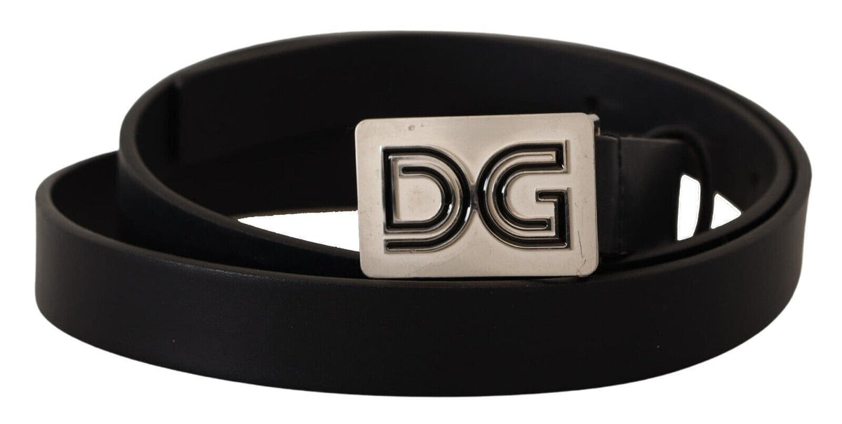 Ceinture élégante en cuir noir Dolce &amp; Gabbana avec boucle argentée