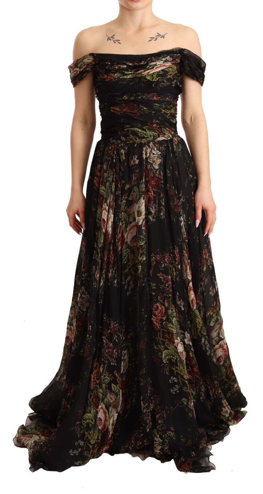 Robe longue à épaules dénudées en soie fleurie Dolce &amp; Gabbana