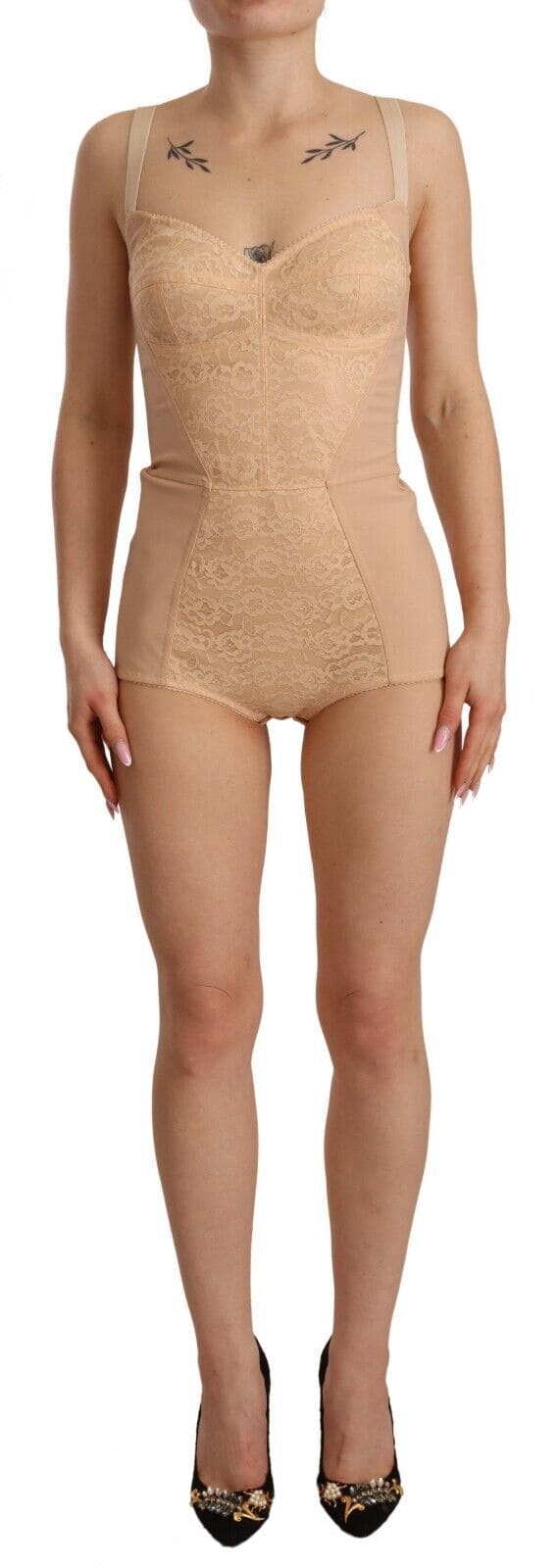 Body extensible à empiècements en dentelle beige Dolce &amp; Gabbana