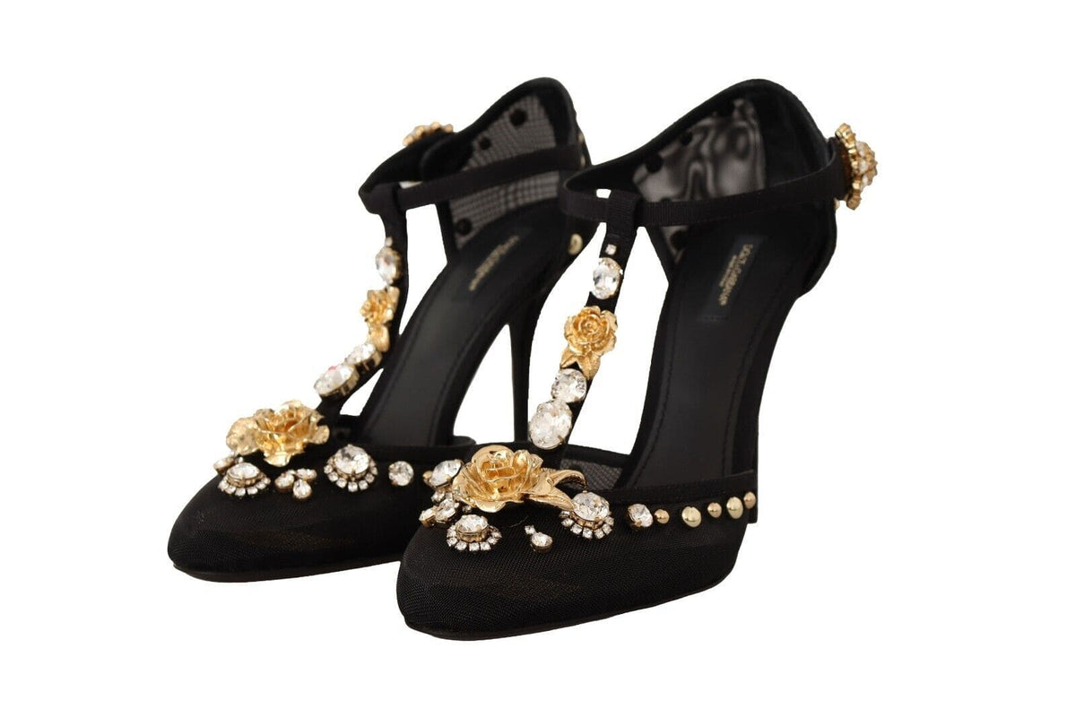 Elegantes zapatos de tacón con tiras en T de malla adornados con cristales de Dolce &amp; Gabbana