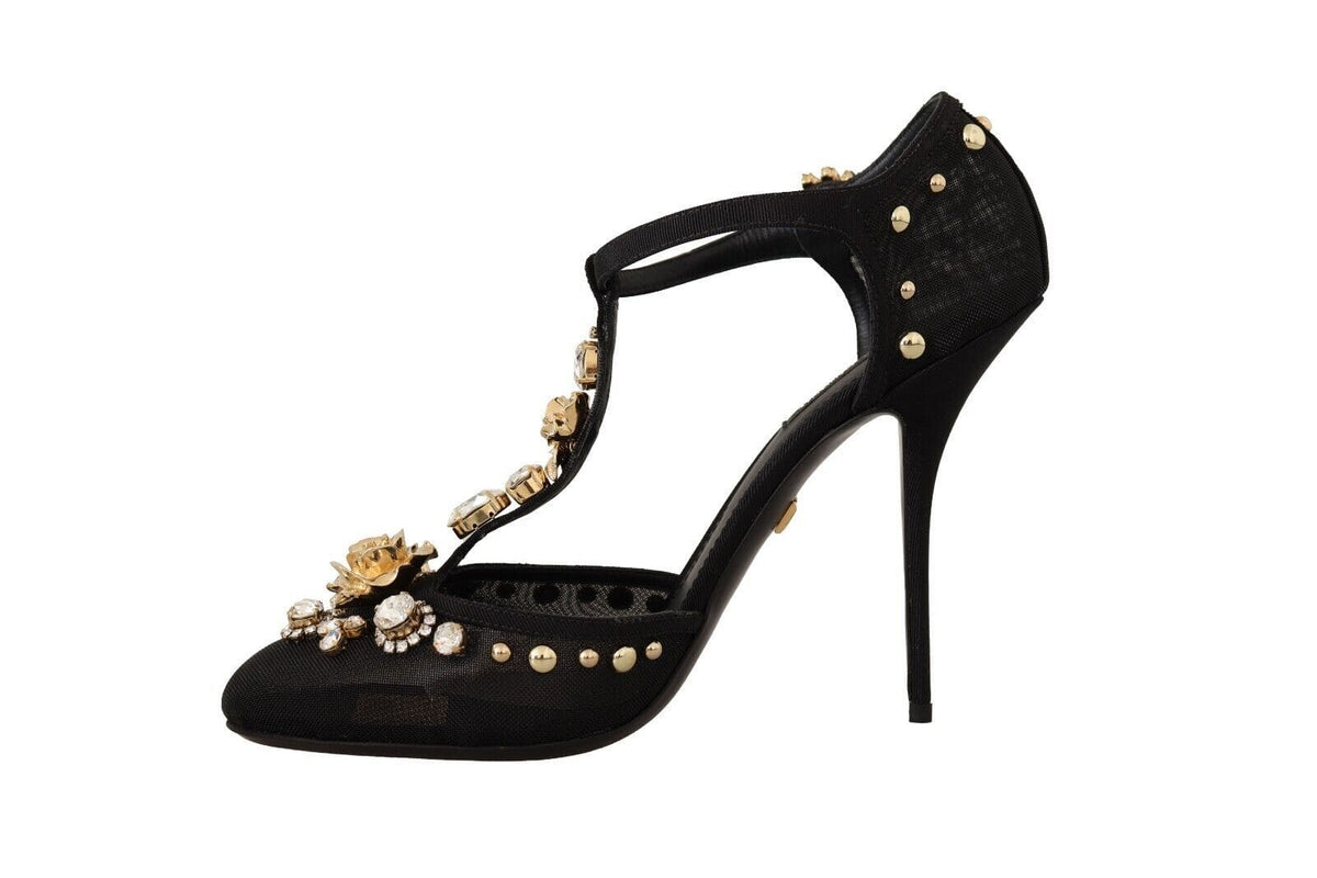 Elegantes zapatos de tacón con tiras en T de malla adornados con cristales de Dolce &amp; Gabbana