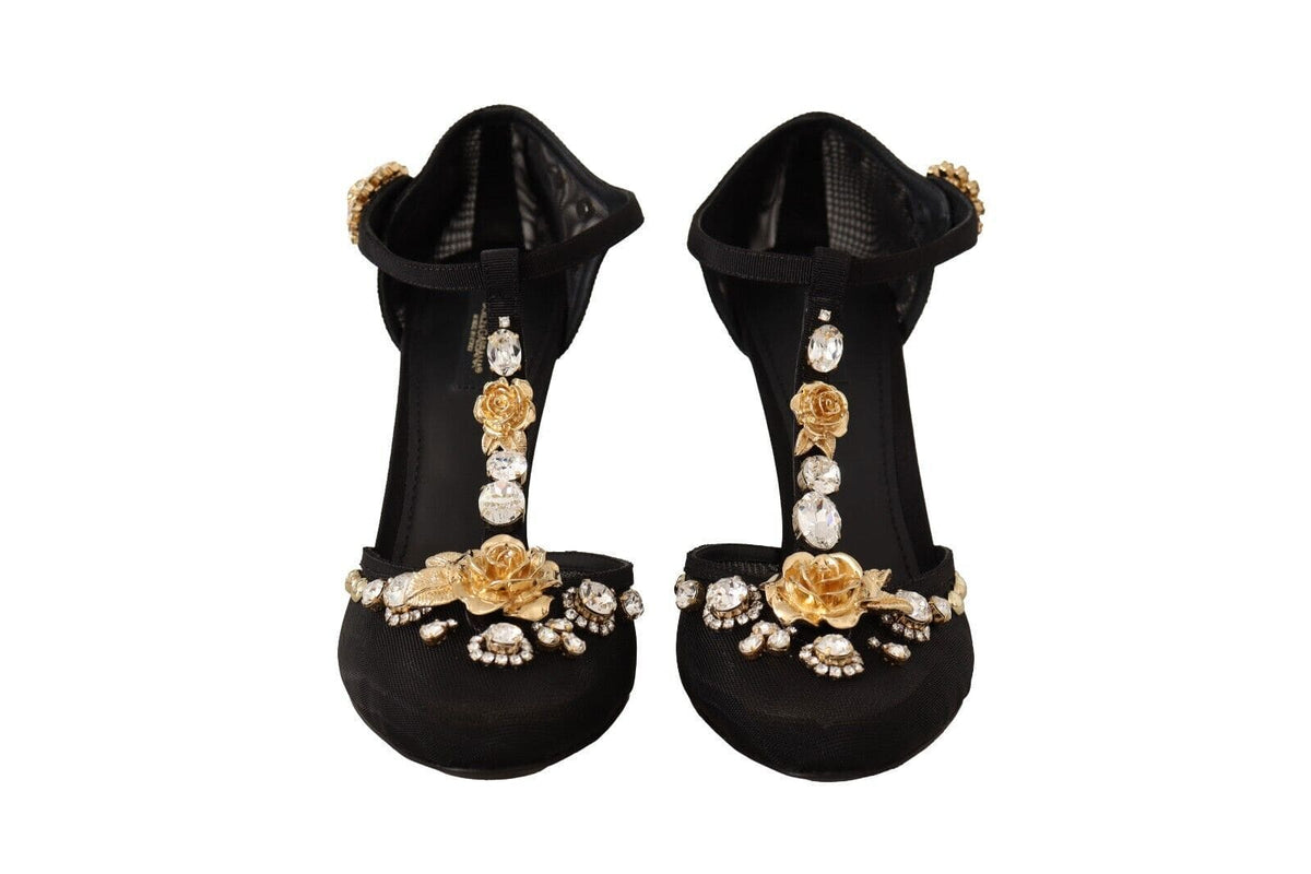 Elegantes zapatos de tacón con tiras en T de malla adornados con cristales de Dolce &amp; Gabbana