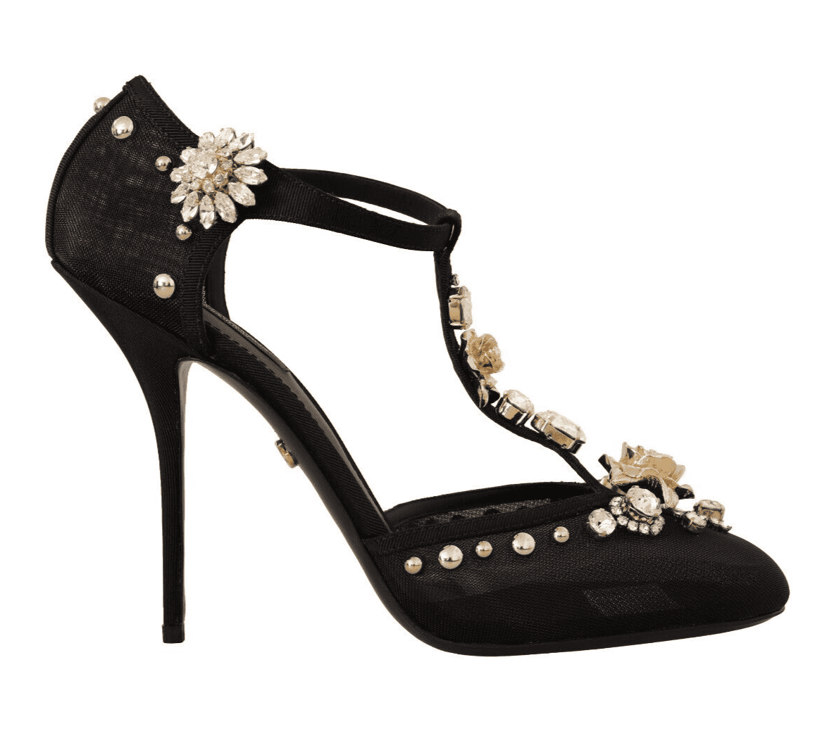 Elegantes zapatos de tacón con tiras en T de malla adornados con cristales de Dolce &amp; Gabbana