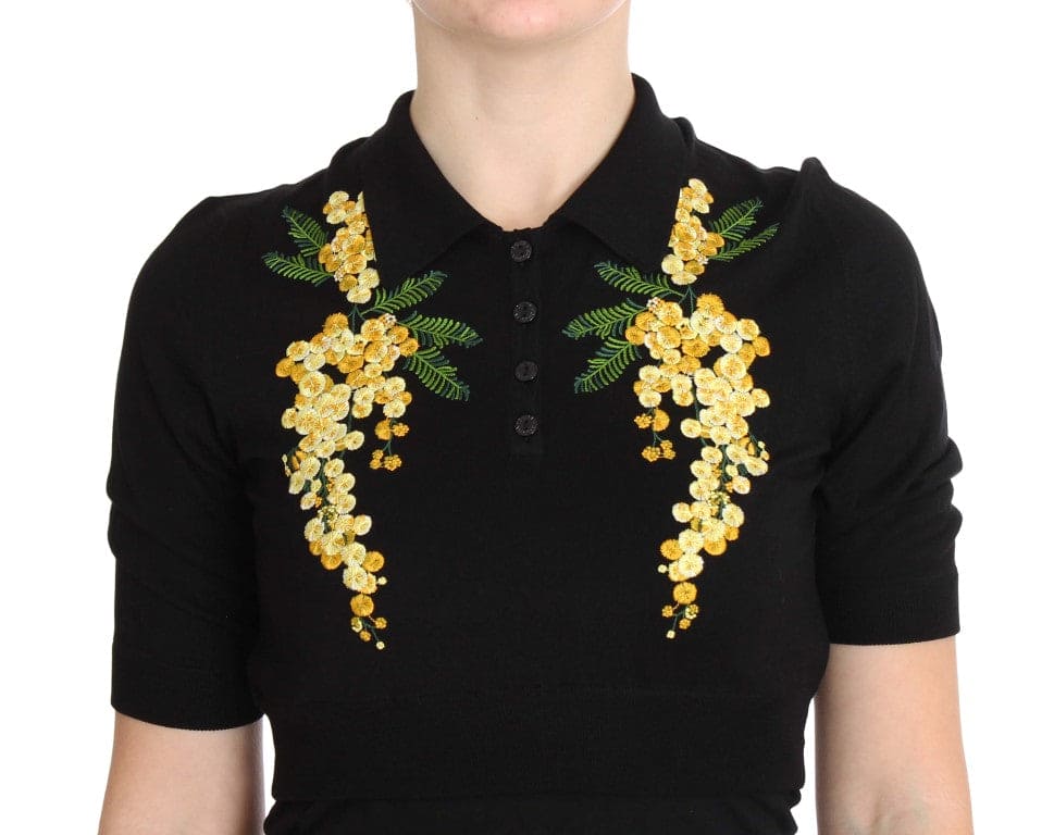 Polo elegante de seda negra con estampado floral de Dolce &amp; Gabbana