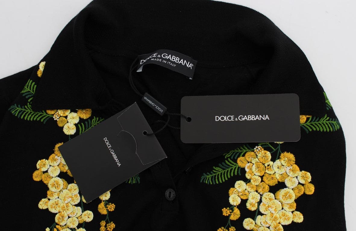 Polo elegante de seda negra con estampado floral de Dolce &amp; Gabbana