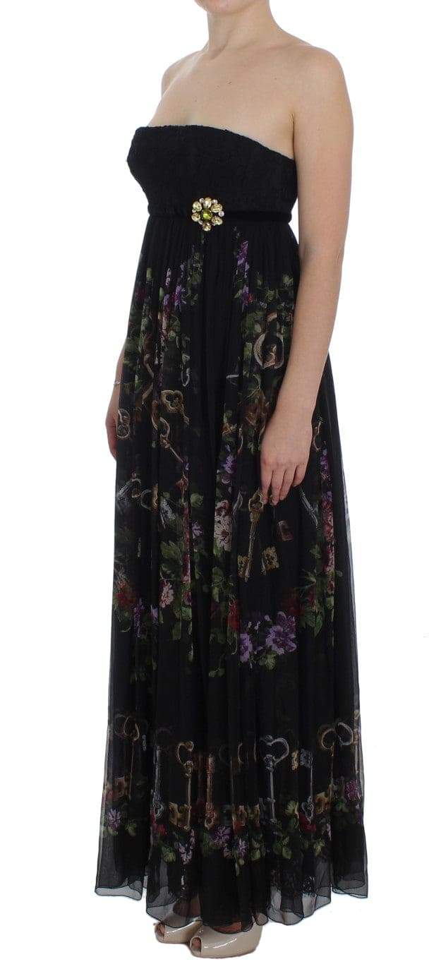 Robe longue à imprimé roses et clés multicolores Dolce &amp; Gabbana avec cristaux