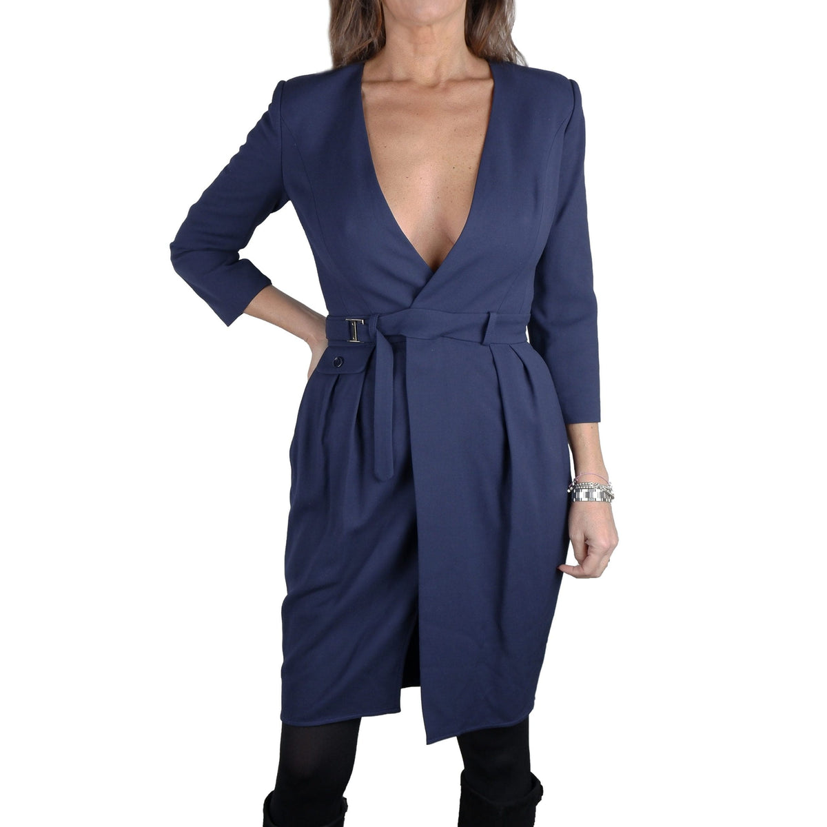 Robe élégante à col en V avec ceinture Elisabetta Franchi en bleu