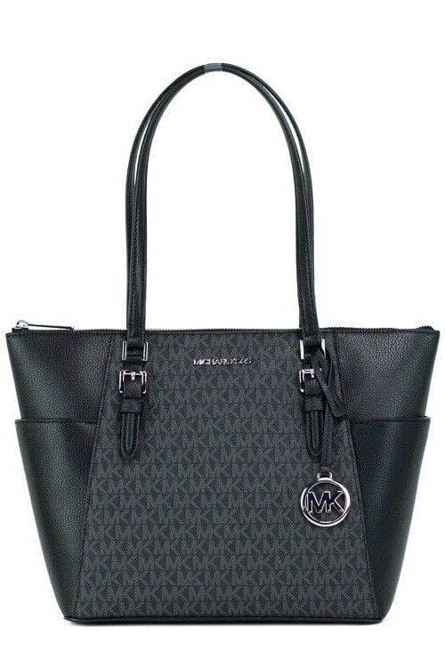 Sac à main fourre-tout Michael Kors Charlotte en cuir PVC noir avec fermeture éclair sur le dessus