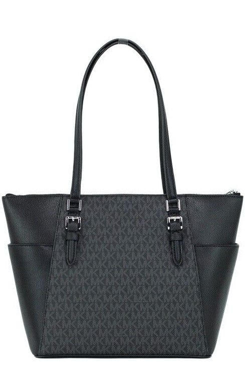 Sac à main fourre-tout Michael Kors Charlotte en cuir PVC noir avec fermeture éclair sur le dessus