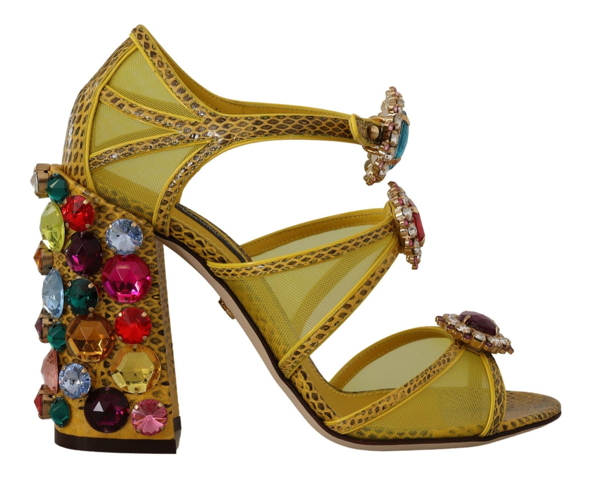 Impresionantes sandalias de cuero amarillo adornadas con cristales de Dolce &amp; Gabbana