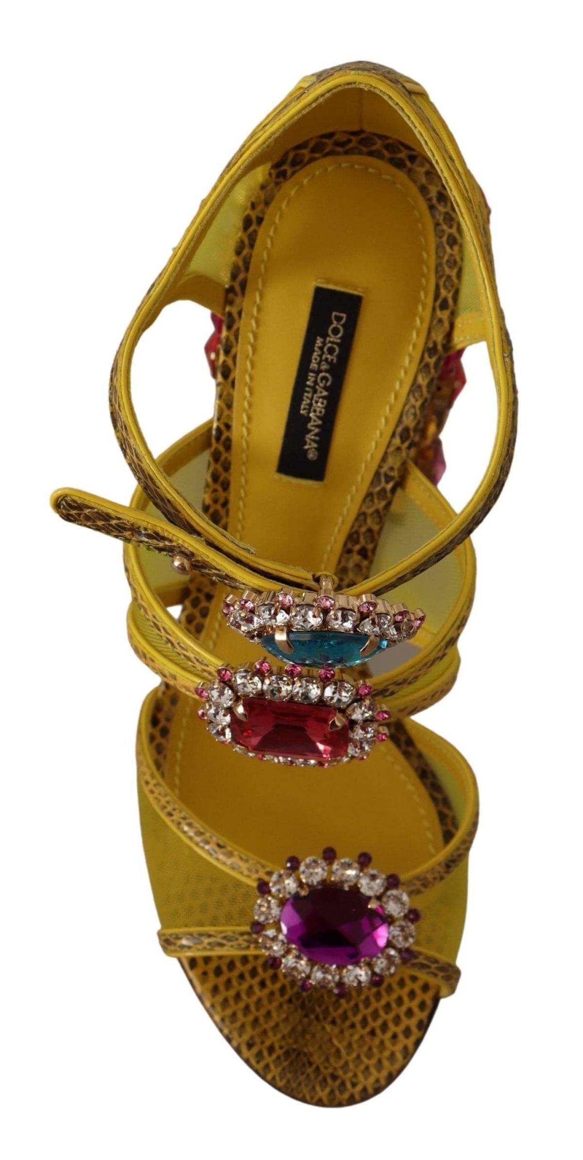 Impresionantes sandalias de cuero amarillo adornadas con cristales de Dolce &amp; Gabbana