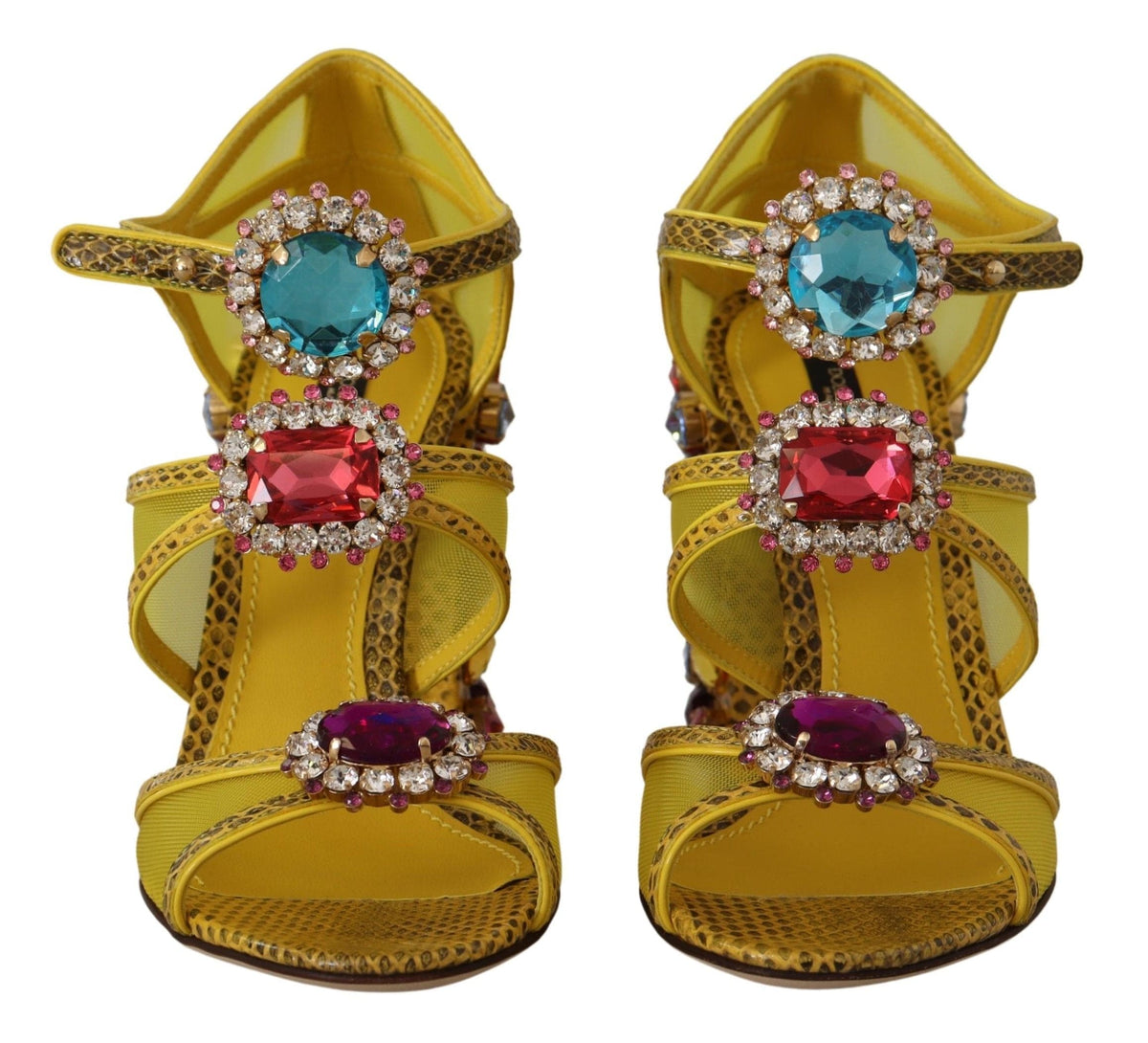 Impresionantes sandalias de cuero amarillo adornadas con cristales de Dolce &amp; Gabbana