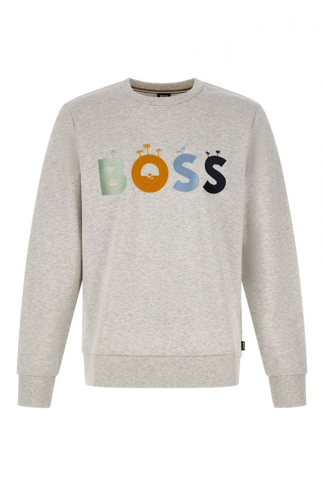 Sweat-shirt élégant en coton à col rond gris Hugo Boss