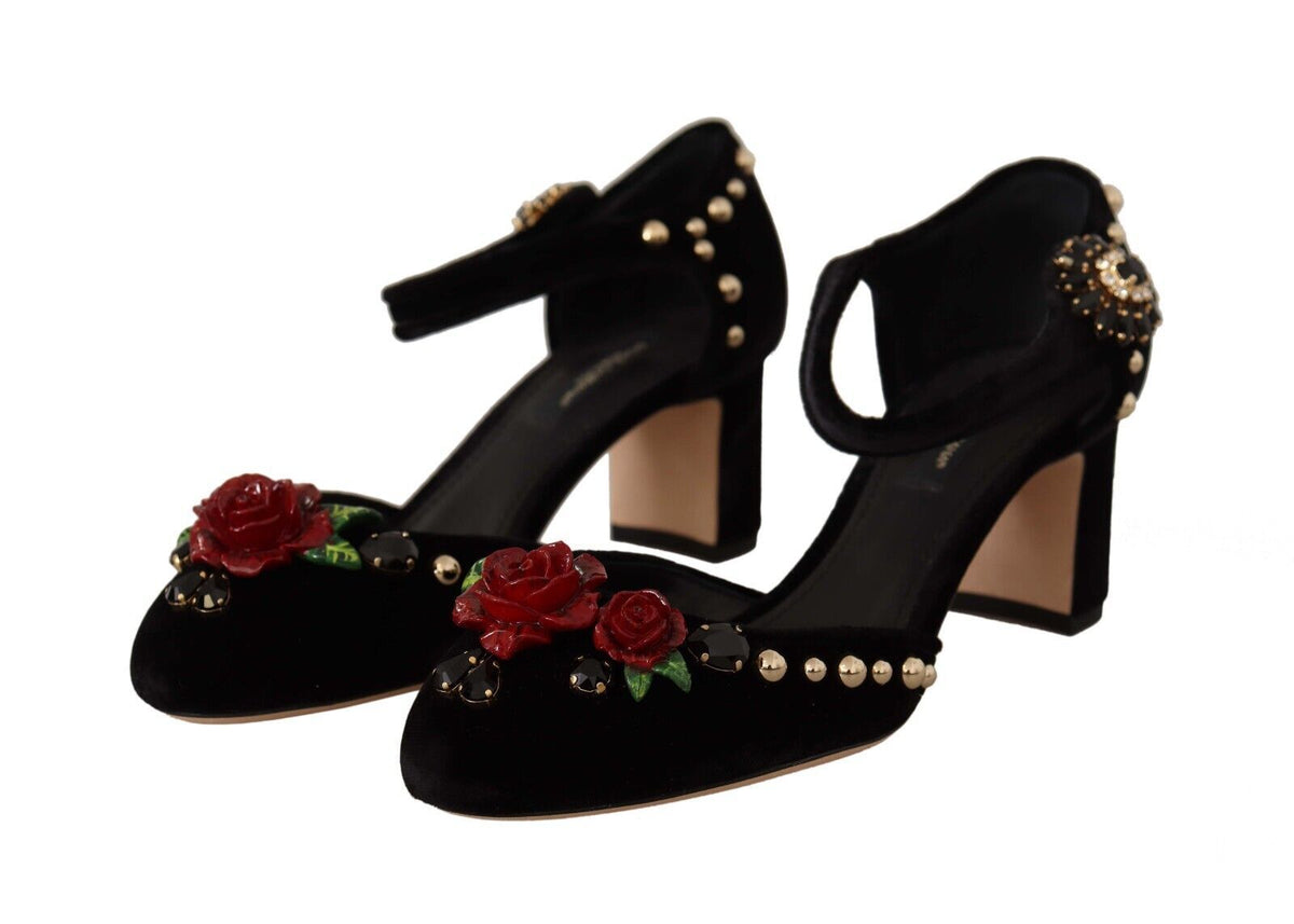 Dolce & Gabbana Black Crystal Rose Heel Sandals