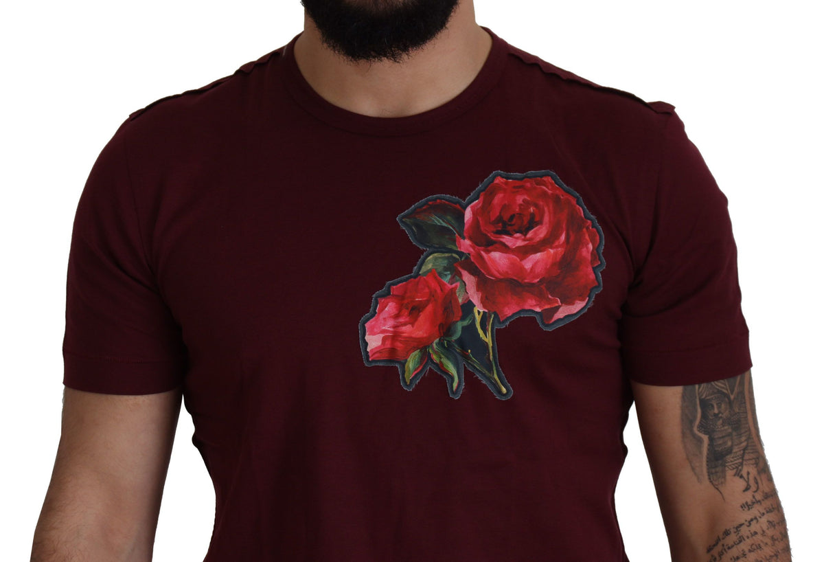 T-shirt ras du cou élégant à motif roses bordeaux Dolce &amp; Gabbana