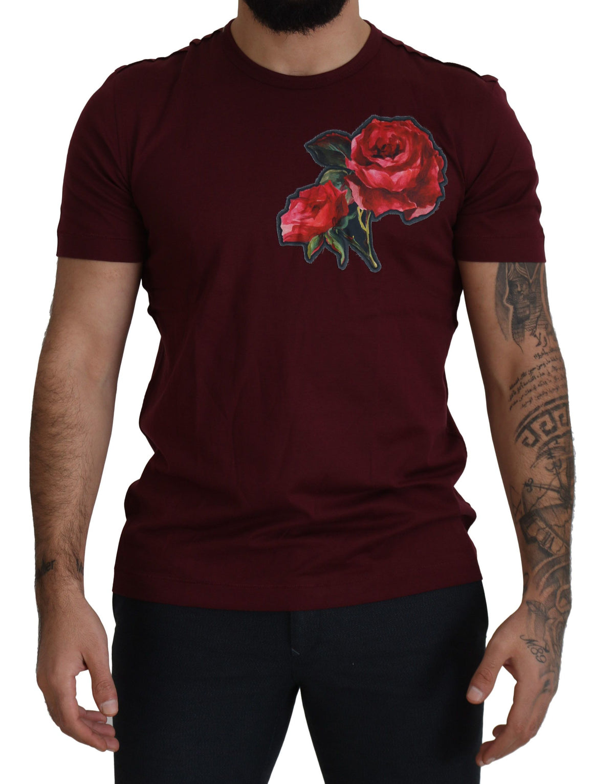 T-shirt ras du cou élégant à motif roses bordeaux Dolce &amp; Gabbana