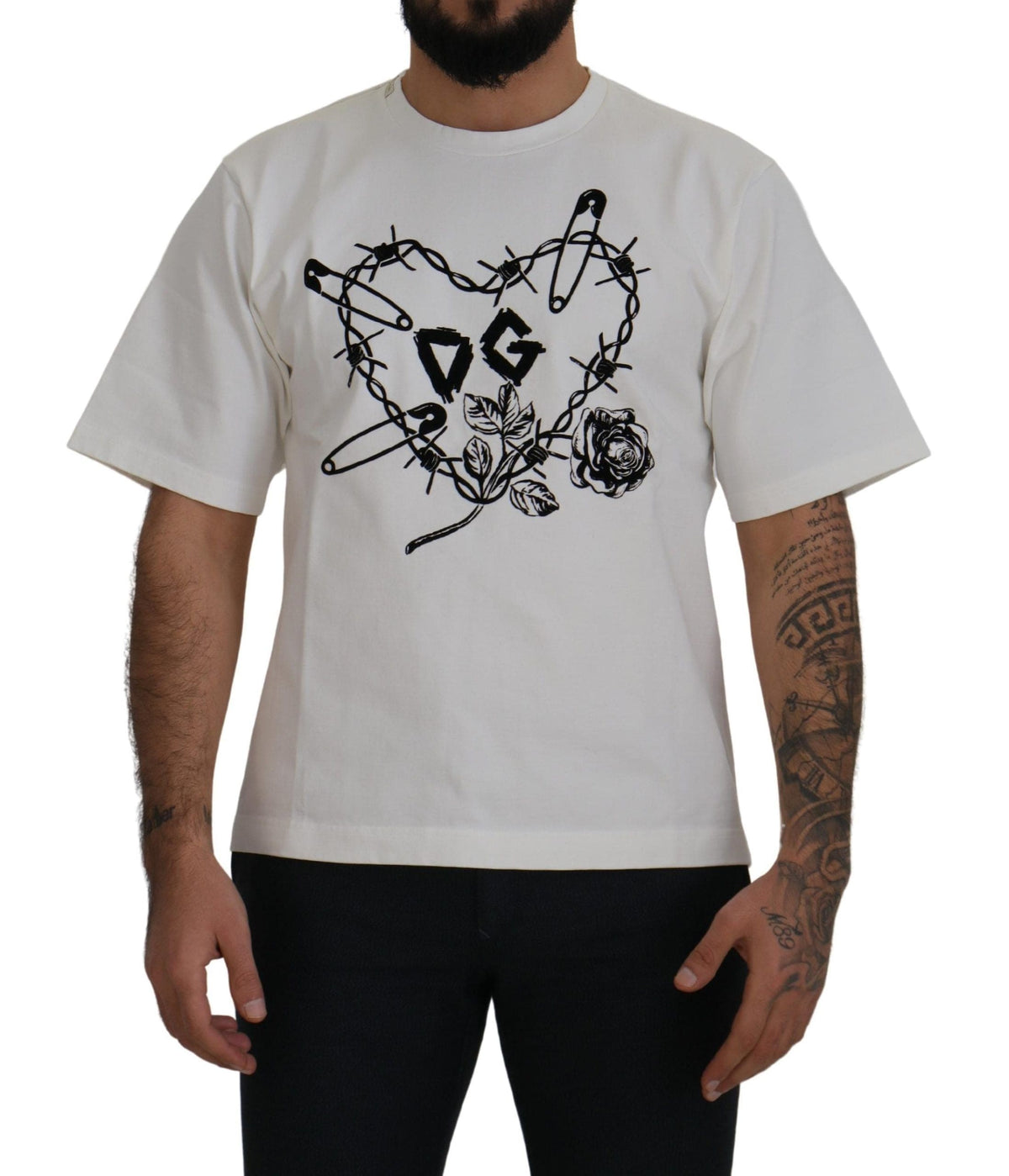 T-shirt ras du cou Dolce &amp; Gabbana élégant avec roses en forme de cœur blanc