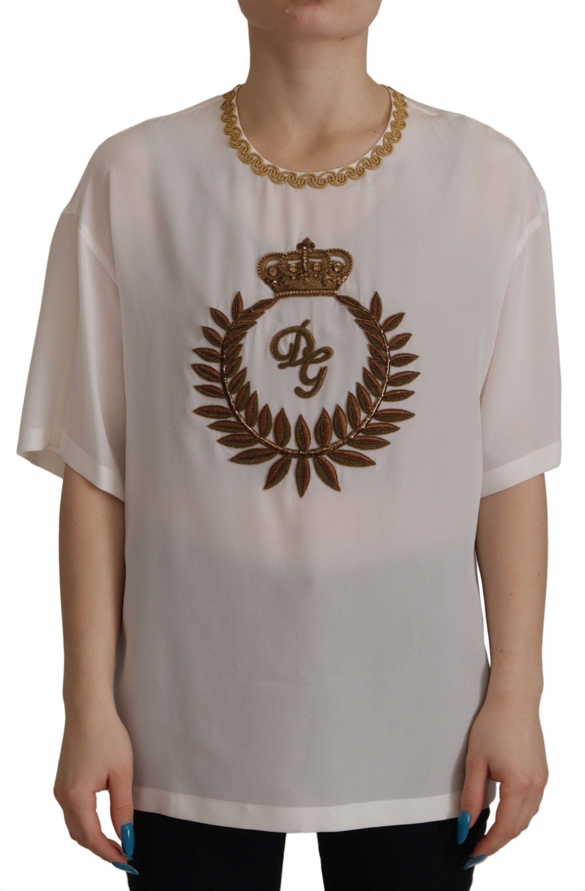 Blusa elegante de seda con bordado de corona dorada de Dolce &amp; Gabbana