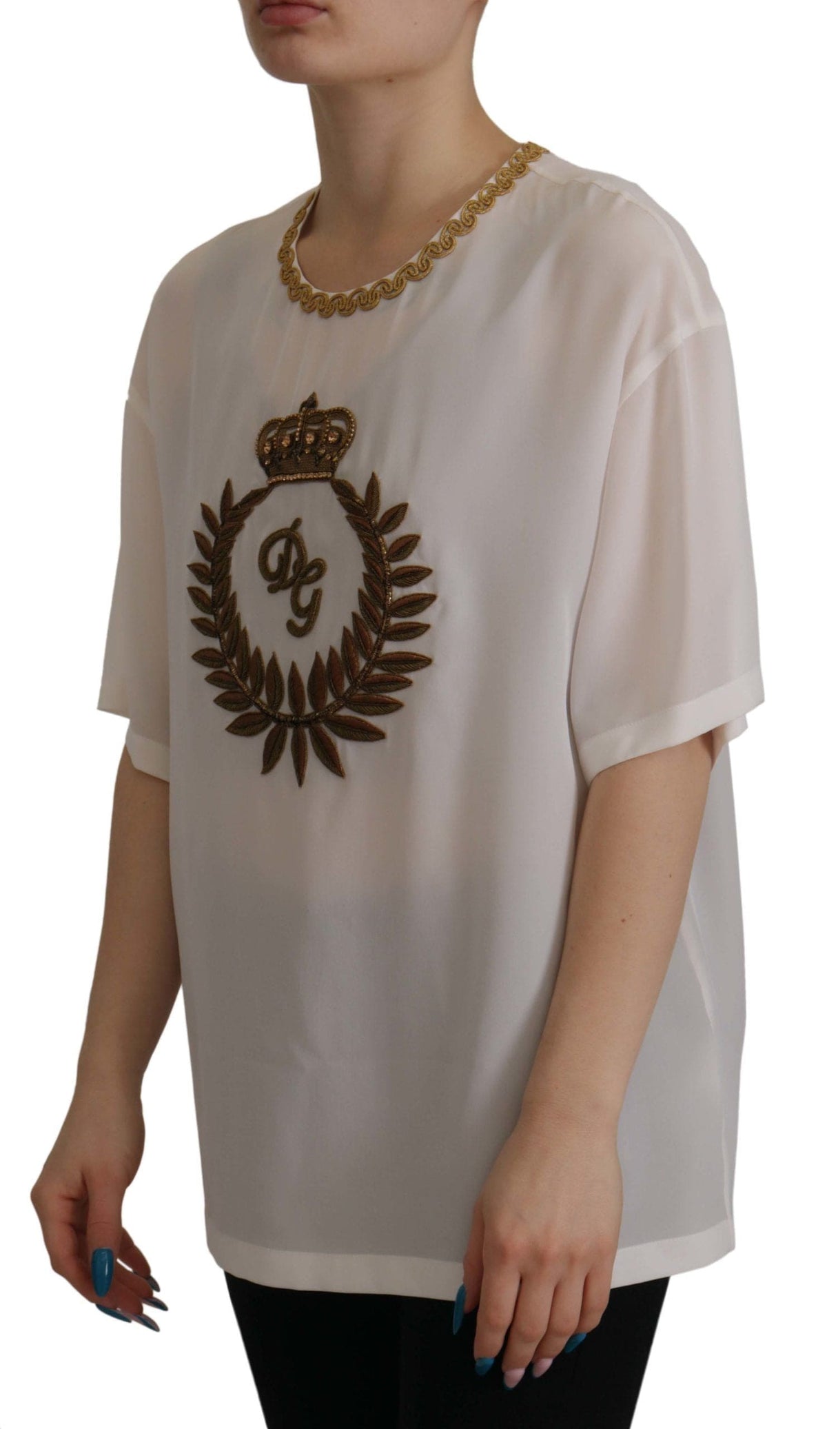 Blusa elegante de seda con bordado de corona dorada de Dolce &amp; Gabbana