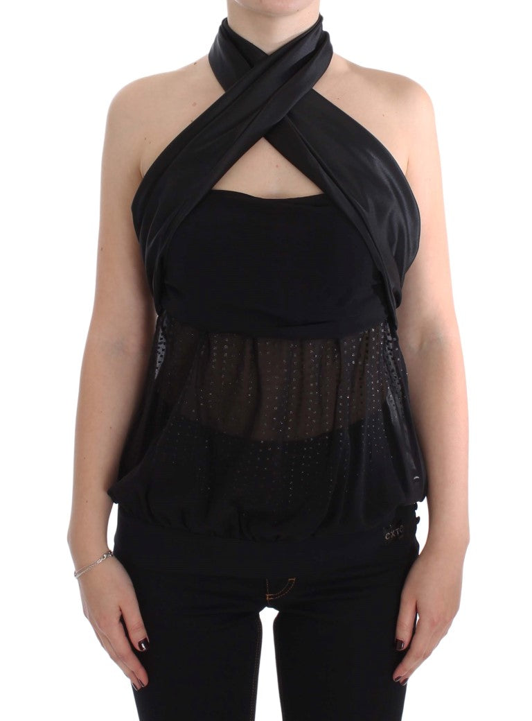 Blusa cruzada elegante de noche negra Exte