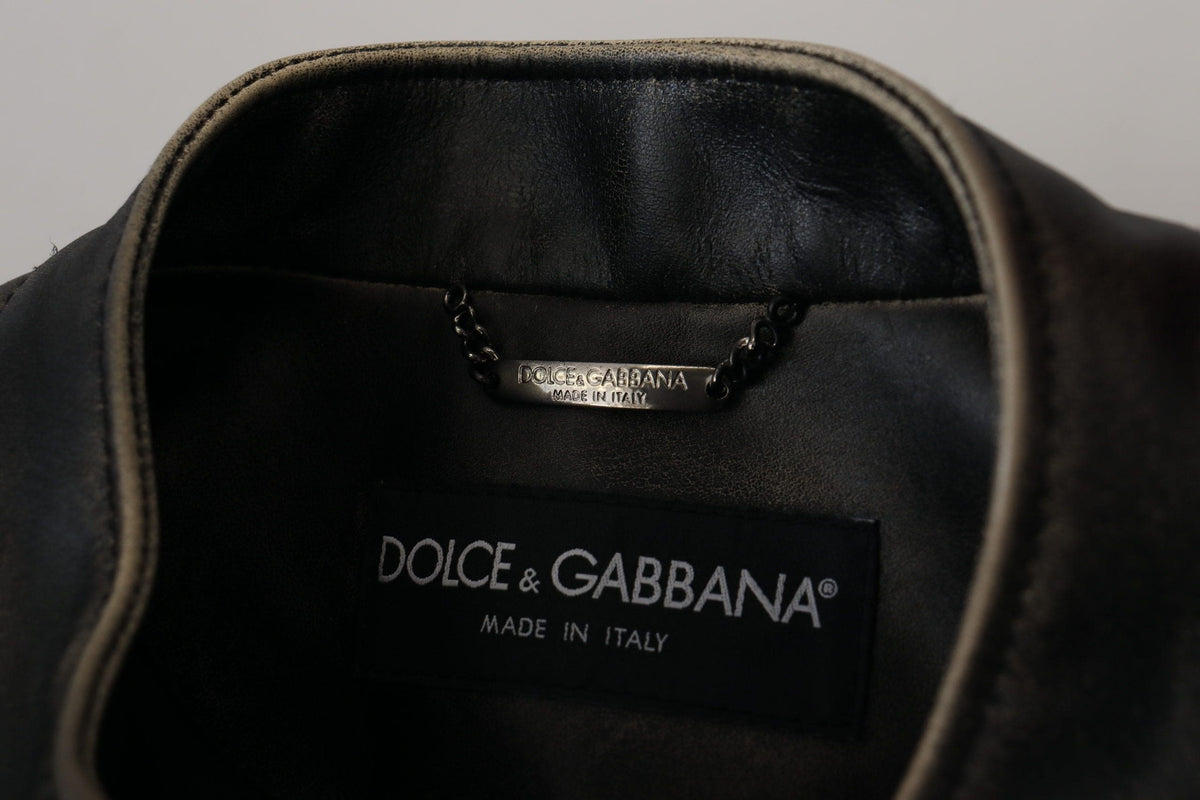 Dolce & Gabbana Elegant Black Leather Jacket with Silver Details