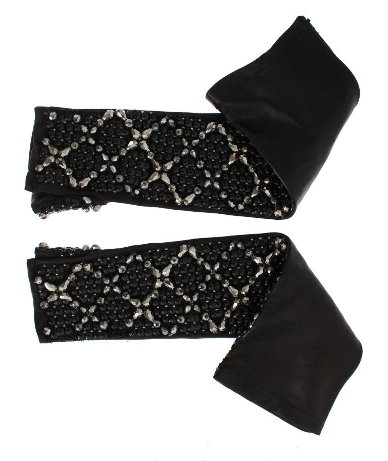 Gants élégants en cuir à perles de cristal noires Dolce &amp; Gabbana