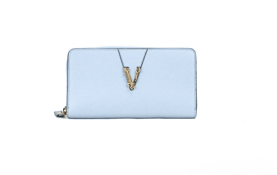 Cartera de mano con cremallera y monograma dorado de piel granulada Cornflower de Versace