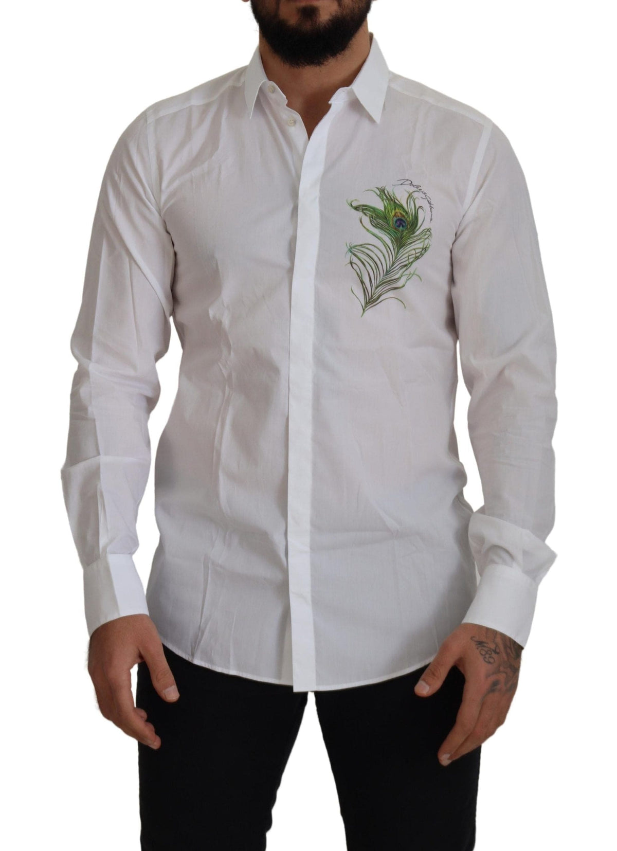 Camisa elegante de plumas de pavo real blancas de Dolce &amp; Gabbana