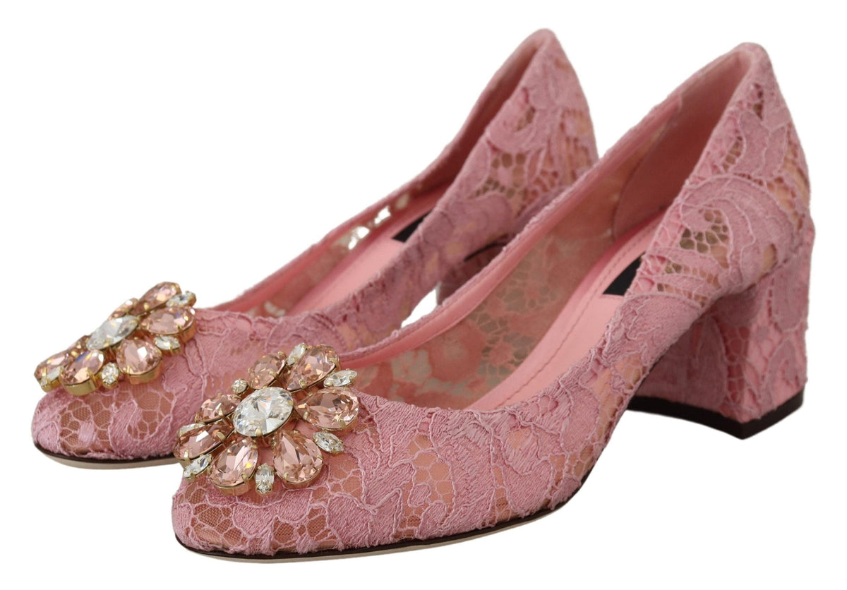 Zapatos de salón con encaje y adornos de cristales en color rosa pastel de Dolce &amp; Gabbana