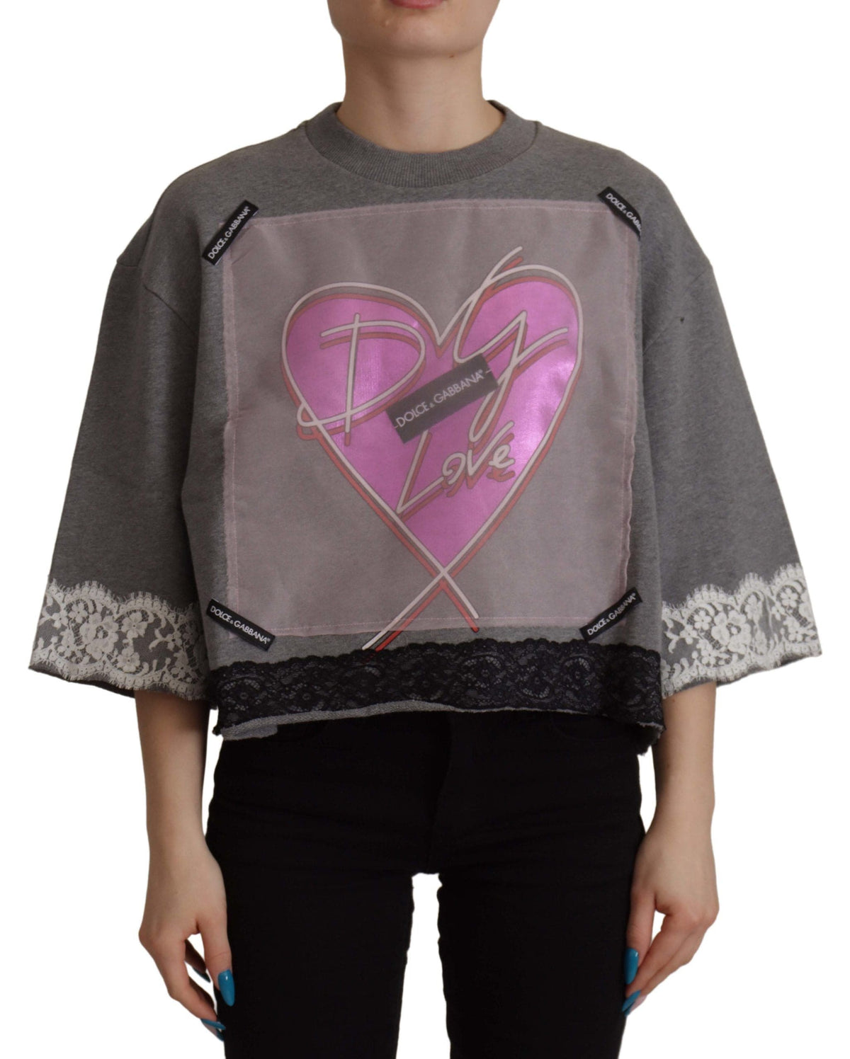 T-shirt Dolce &amp; Gabbana Chic en coton gris avec cœur et manches cloches