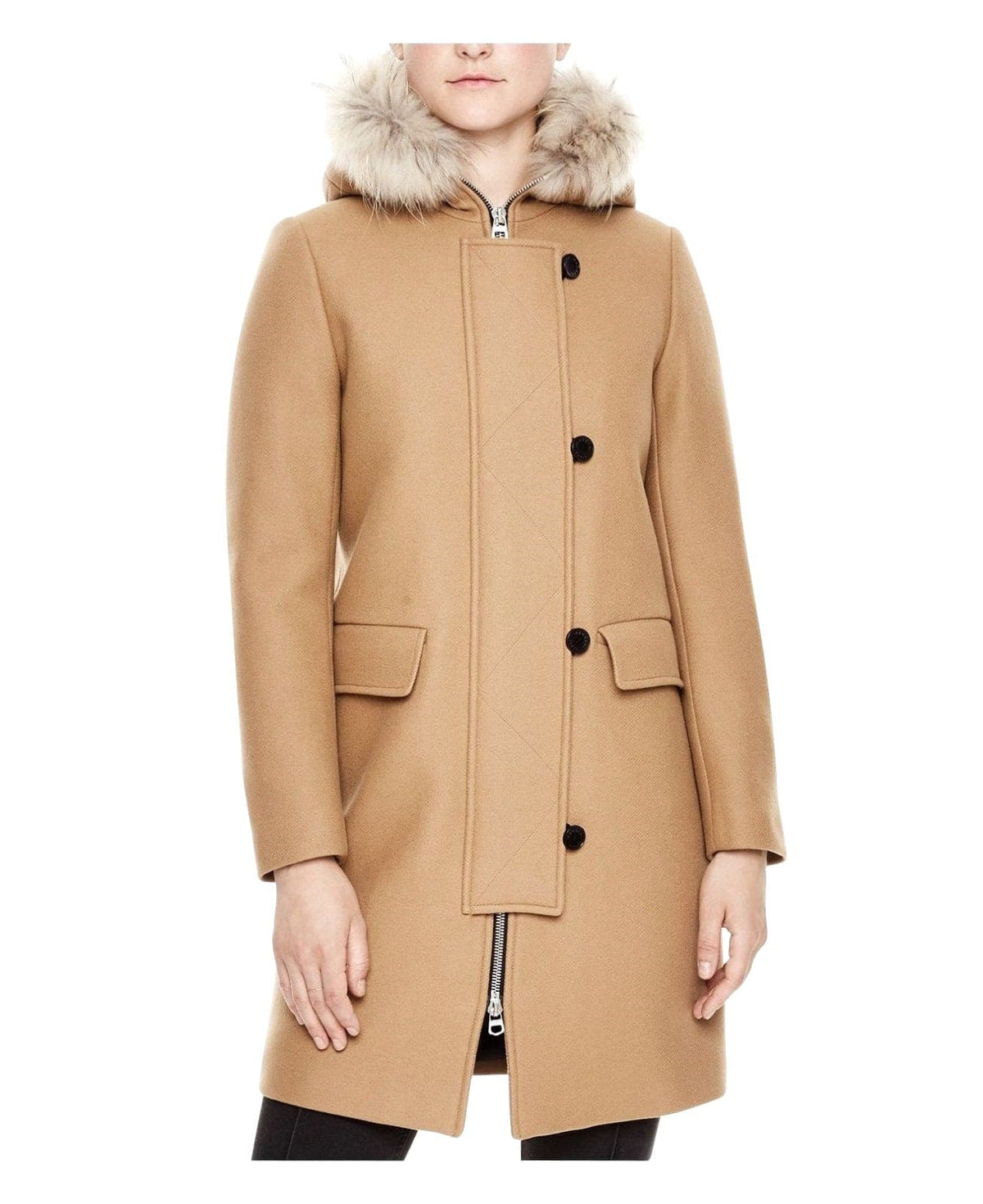 Manteau en laine camel Kurt pour femme Sandro avec capuche bordée de fourrure