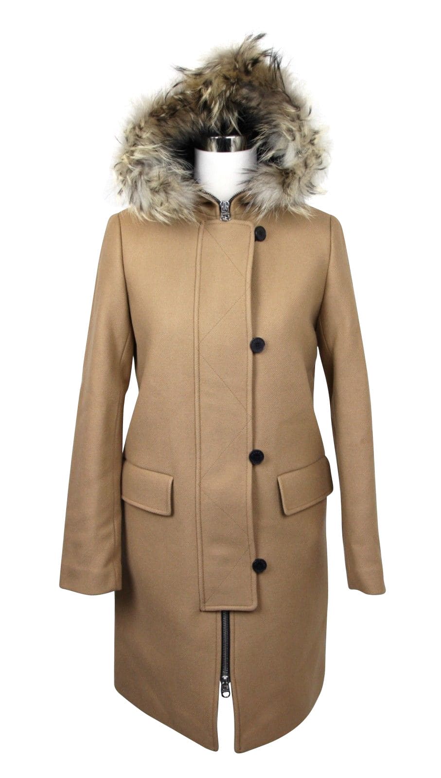 Manteau en laine camel Kurt pour femme Sandro avec capuche bordée de fourrure