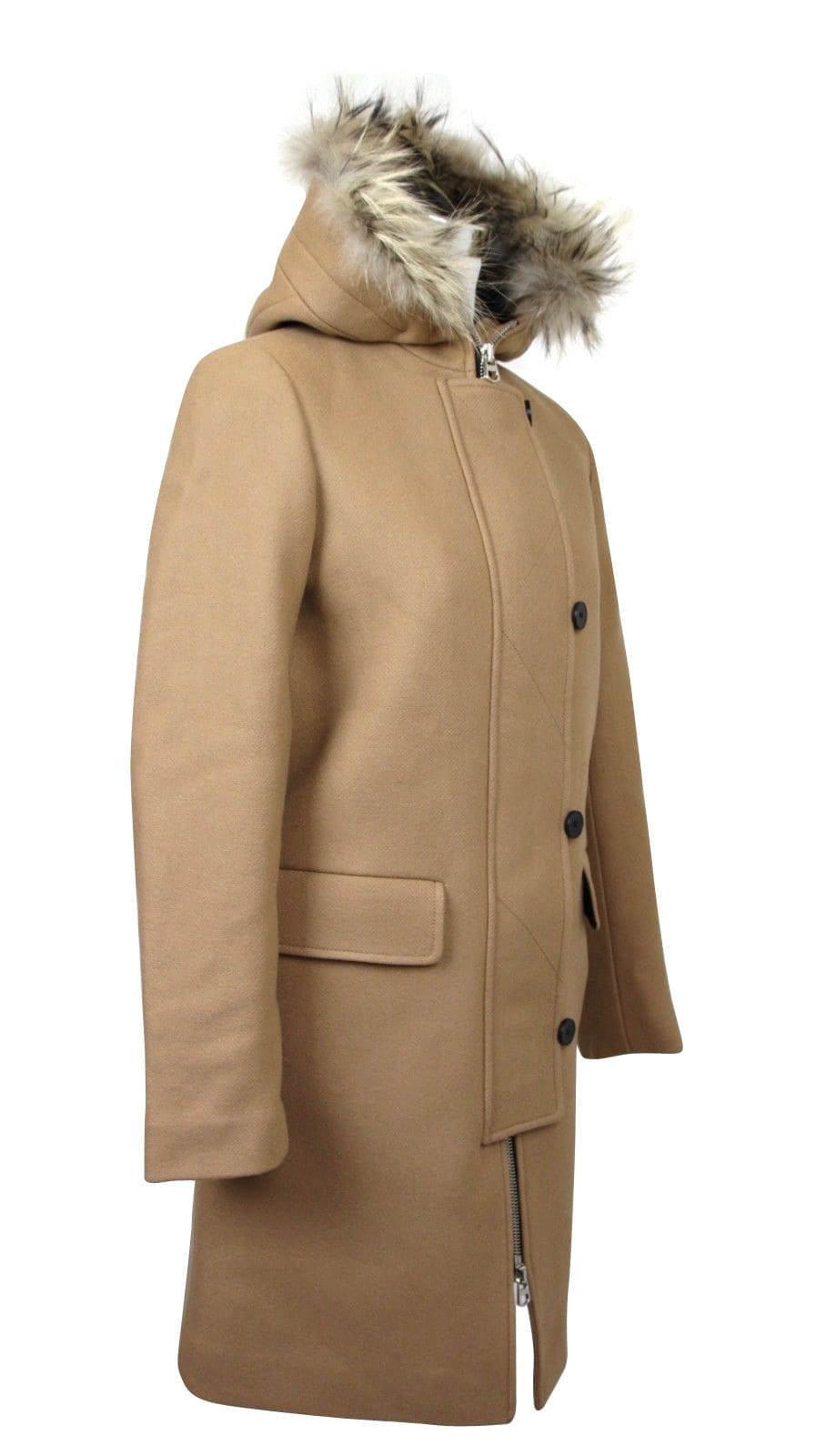 Manteau en laine camel Kurt pour femme Sandro avec capuche bordée de fourrure