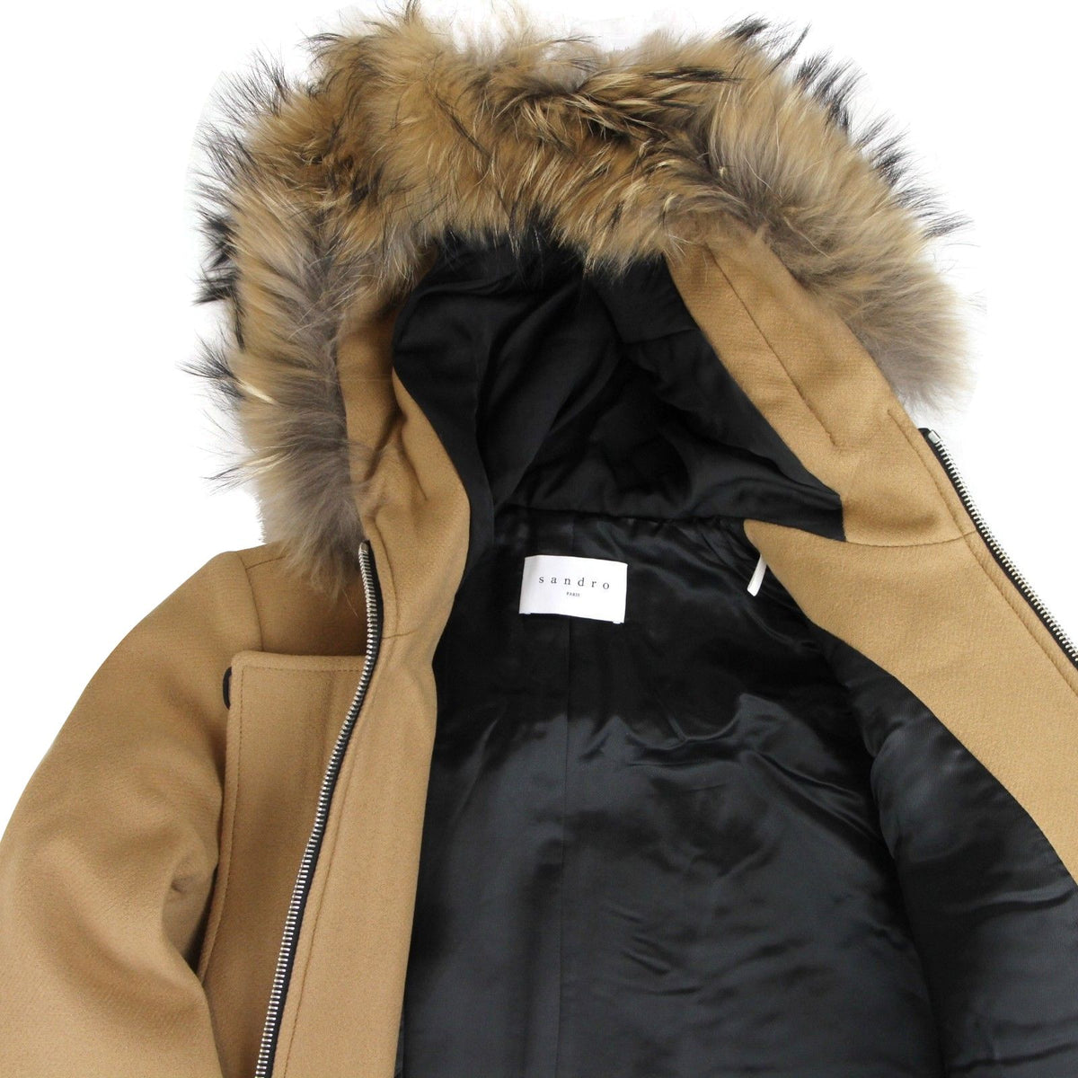 Manteau en laine camel Kurt pour femme Sandro avec capuche bordée de fourrure