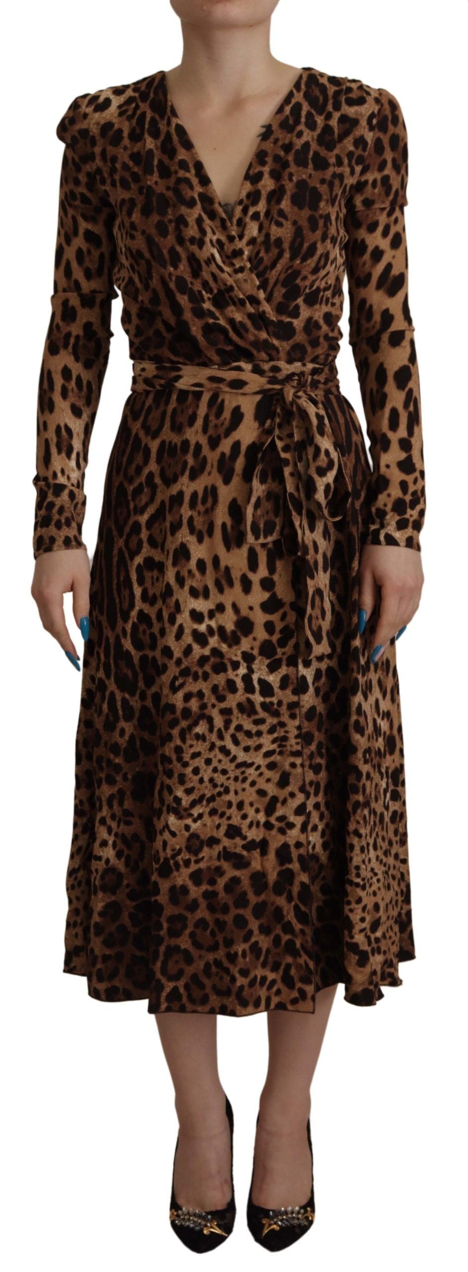 Robe longue trapèze élégante à col en V Dolce &amp; Gabbana en marron