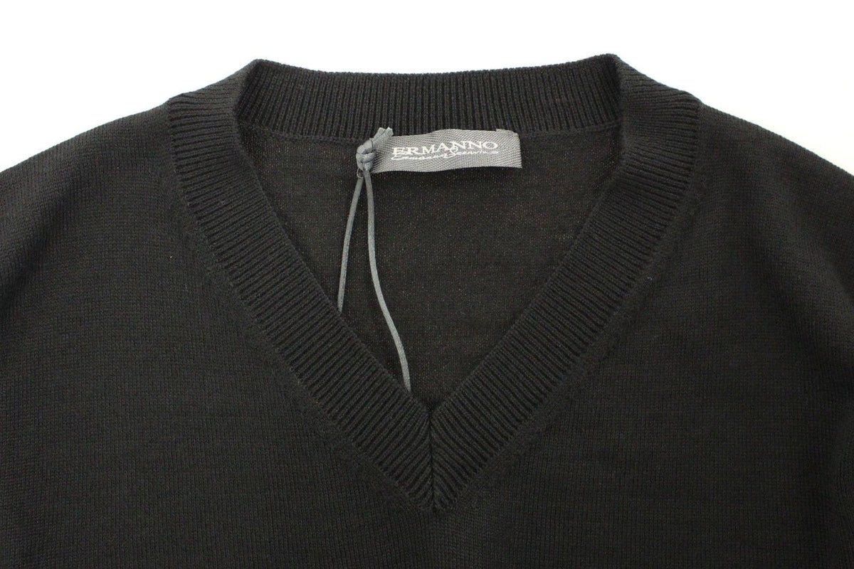 Pull en laine mélangée noir élégant à col en V Ermanno Scervino