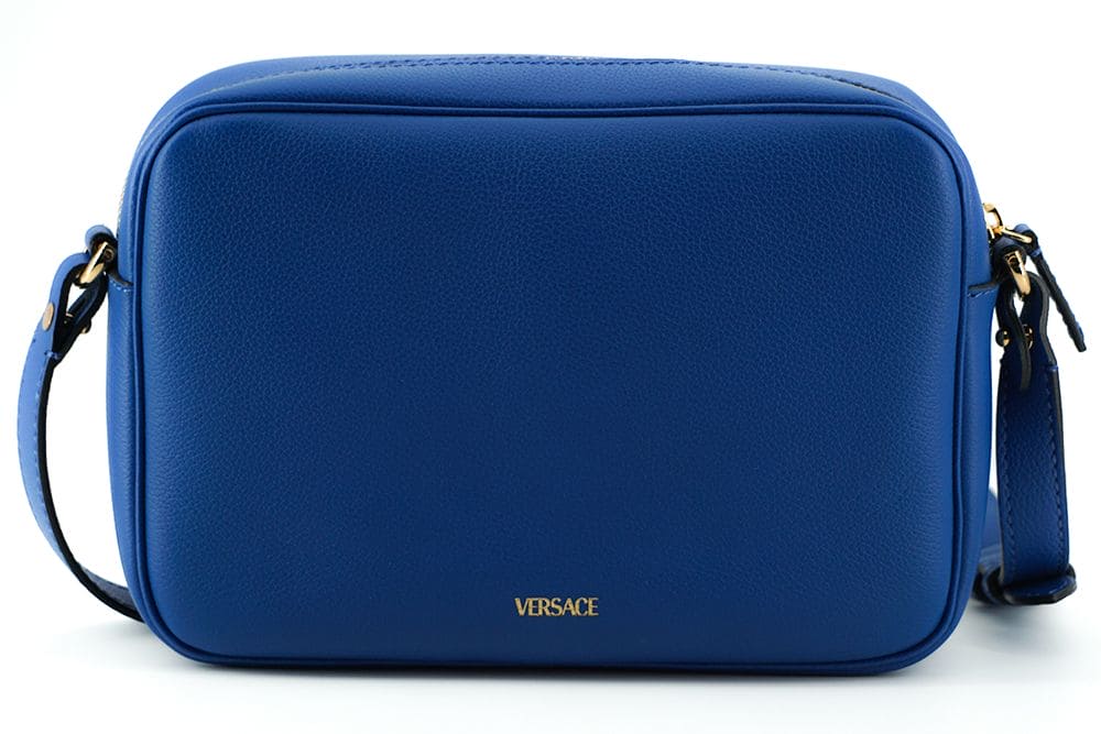 Sac pour appareil photo Versace en cuir de veau bleu élégant