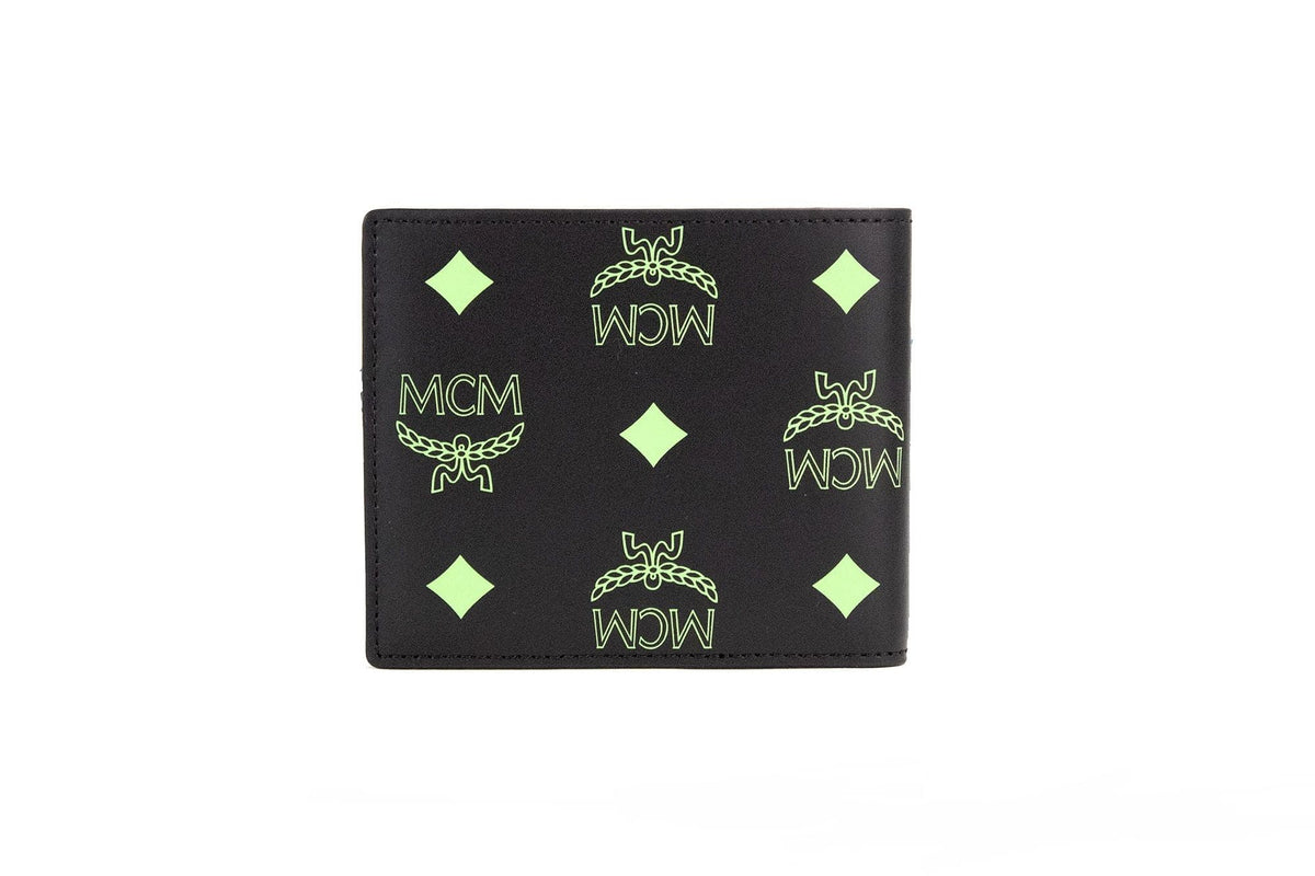 Portefeuille à deux volets en cuir lisse Visetos Monogrammé Vert et Noir MCM Petit modèle