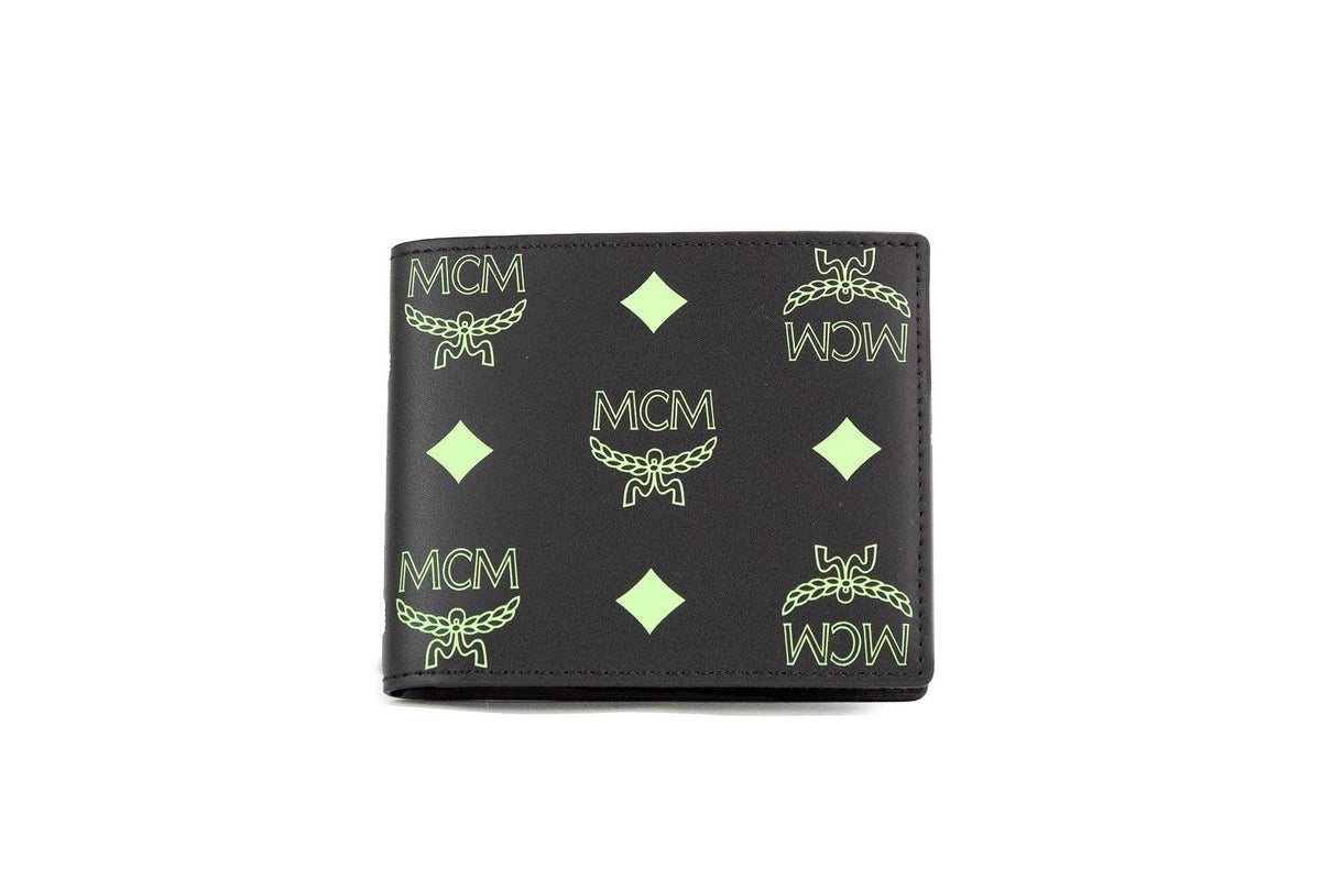 Portefeuille à deux volets en cuir lisse Visetos Monogrammé Vert et Noir MCM Petit modèle