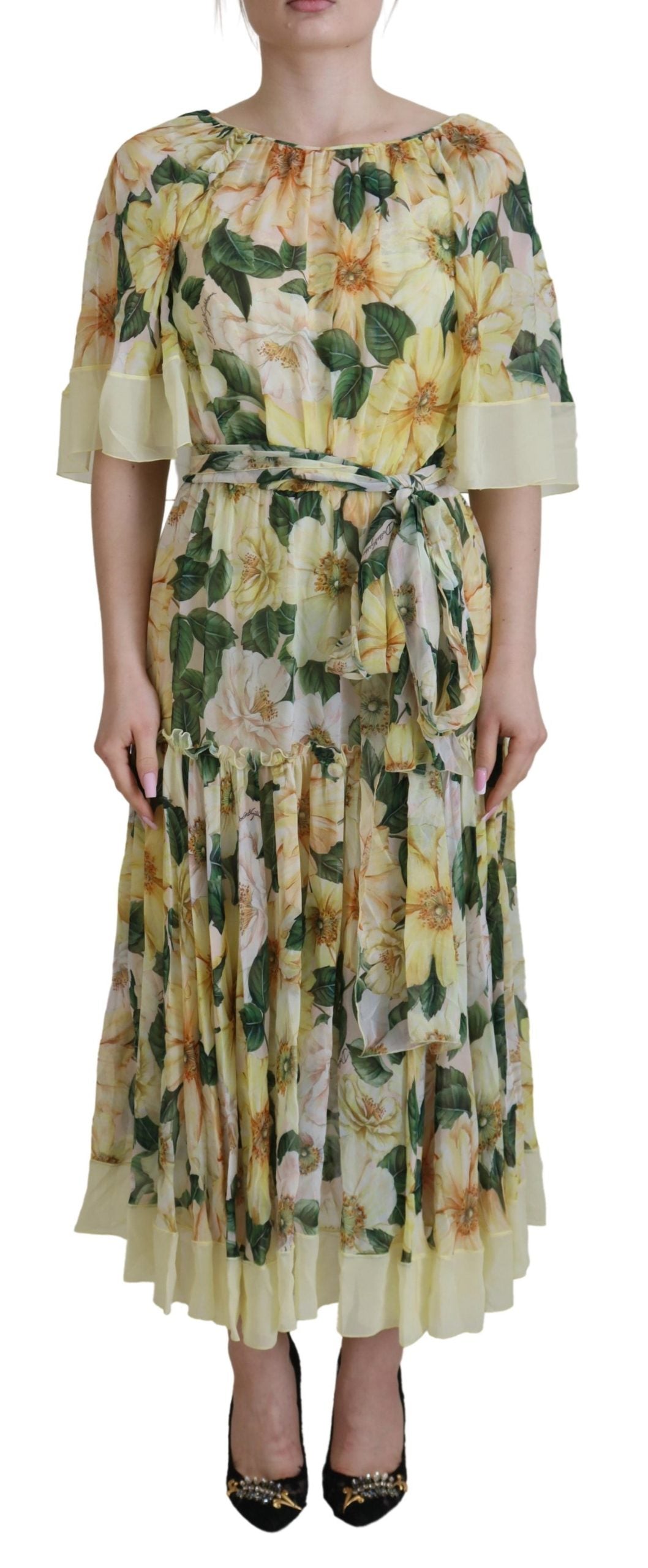 Robe longue plissée en soie fleurie Dolce &amp; Gabbana