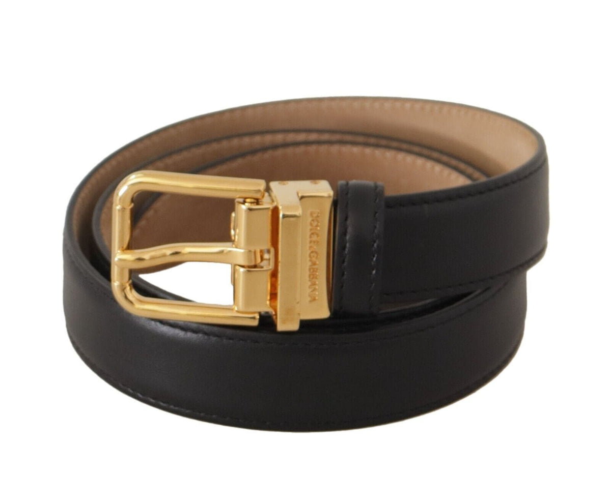 Ceinture élégante en cuir noir Dolce &amp; Gabbana avec boucle en métal gravée