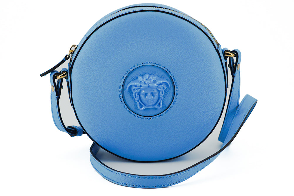 Bolso de hombro redondo de piel azul elegante de Versace