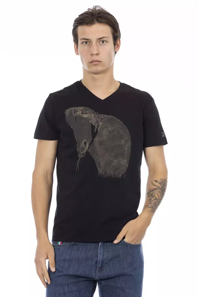 T-shirt noir à col en V Trussardi Action avec imprimé chic sur le devant