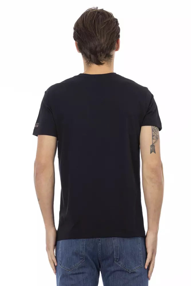 T-shirt noir à col en V Trussardi Action avec imprimé chic sur le devant