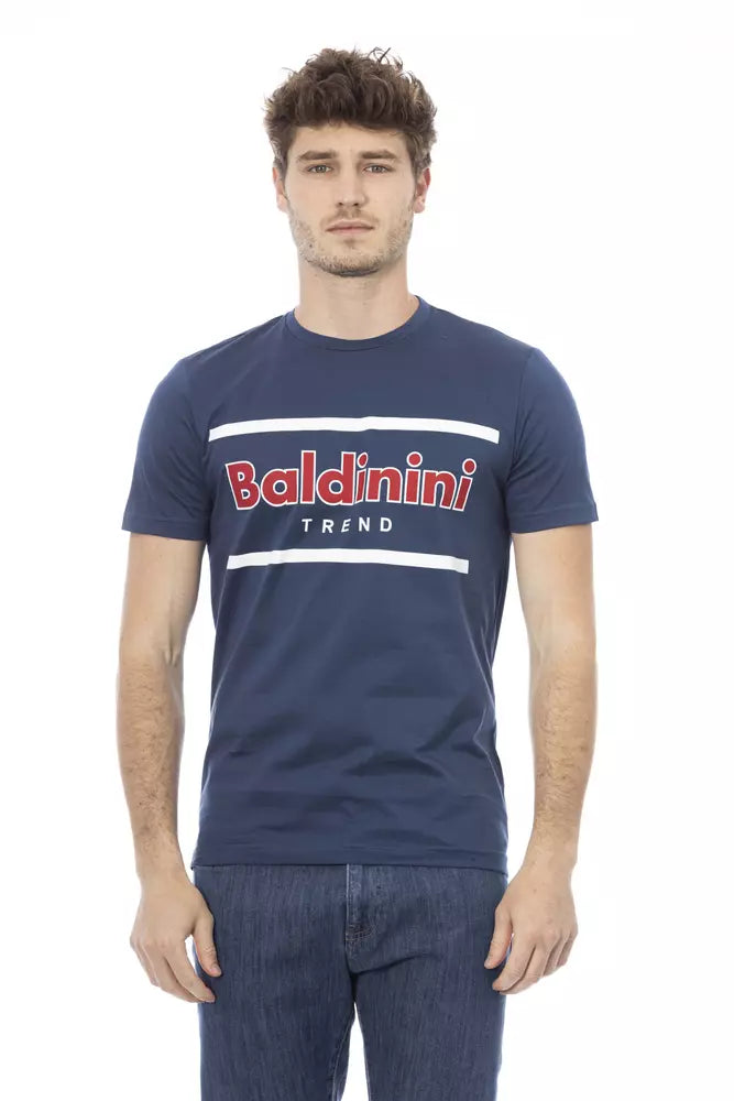 Camiseta elegante de algodón azul con estampado elegante en el frente de Baldinini Trend