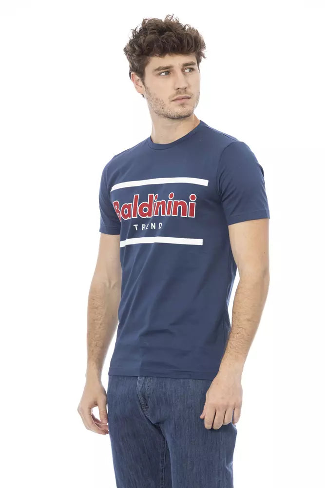 Camiseta elegante de algodón azul con estampado elegante en el frente de Baldinini Trend