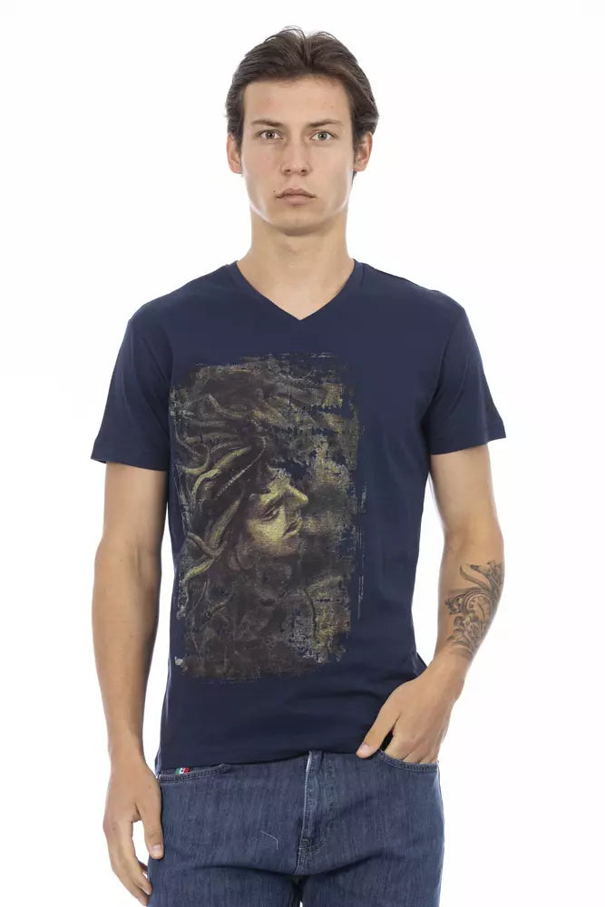 Camiseta elegante de manga corta con cuello en V y color azul de Trussardi Action