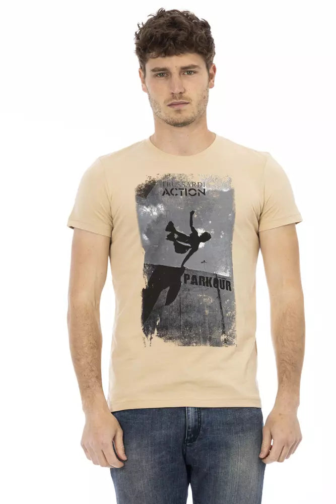 Elegante camiseta beige de cuello redondo con estampado elegante Trussardi Action