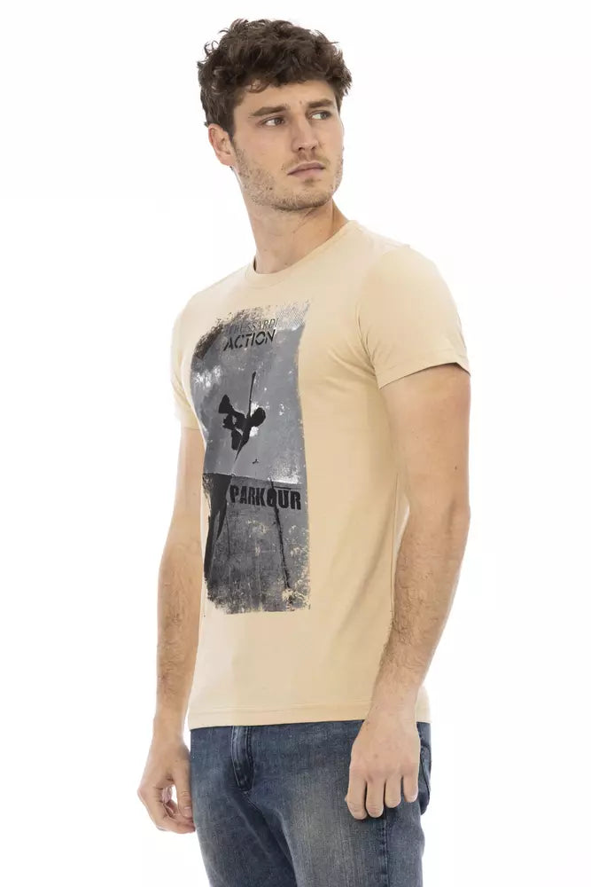 Elegante camiseta beige de cuello redondo con estampado elegante Trussardi Action