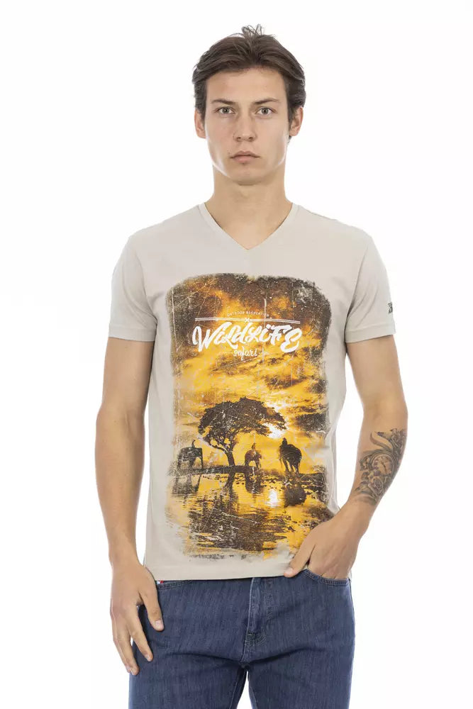 Camiseta Trussardi Action beige con cuello en V y estampado elegante en la parte delantera